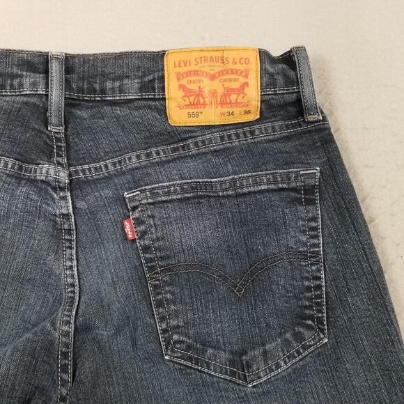 Levis 559 Jeans Mens 34x36 Blue Dark Wash Relaxed Straight Stretch Denim Zip Fly - Picture 8 of 14